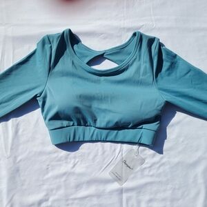 Teal Long-Sleeve Crop Top with Back Cutout